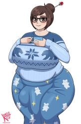 big_ass big_balls big_breasts big_penis brown_eyes brown_hair bulge bulge_through_clothing bulge_under_clothes chubby chubby_female cock_bulge comfy commission commissioner_upload futa_only futanari glasses hair_ornament hair_pin hairpin hot_chocolate huge_cock mei_(overwatch) misskoi overwatch overwatch_2 pajama_pants pajamas sweater wide_hips winter_clothes