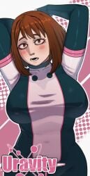 armpits arms_behind_head arms_up big_breasts blush bodysuit boku_no_hero_academia breasts brown_eyes brown_hair curvy curvy_figure incinerated_art looking_at_viewer my_hero_academia ochako_uraraka short_hair skin_tight