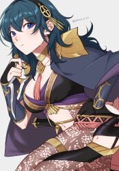 1girls black_footwear black_hairband blue_eyes byleth_(fire_emblem) byleth_(fire_emblem)_(female) byleth_(jehanna)_(fire_emblem_(female) cape choker fire_emblem fire_emblem:_three_houses fire_emblem_heroes grey_background hairband hand_up high_res long_hair looking_at_viewer medium_breasts midriff navel nintendo official_alternate_costume pantyhose peach11_01 simple_background stomach teal_hair thighs