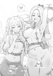 2girls absurdres alternate_breast_size ambrosia_(dungeon_meshi) armpits arms_behind_head arms_up belt belt_buckle belt_pouch big_breasts blush bottomless braid braided_sidelock breast_grab breasts breasts_out buckle capelet censored character_censor commentary cowboy_shot crossover crotch_cutout dated dungeon_meshi elf elf_ears elf_female elf_girl female_pubic_hair fkscrashing frieren frieren_beyond_journey's_end frieren_stuck_in_a_mimic_(meme) greyscale groin hand_in_own_hair heart height_difference highres holding holding_behind_back holding_staff laios_touden large_breasts long_hair looking_at_viewer magic_user magical_girl marcille_donato medium_breasts meme mimic mimic_chest monochrome multiple_girls naked naked_female navel nipples no_bra no_panties novelty_censor nude nude_female paid_reward_available pantyhose patreon_logo patreon_username pointy_ears posing posing_for_picture posing_for_the_viewer pouch pubic_hair pussy_hair shared_speech_bubble signature small_breasts sousou_no_frieren species_connection speech_bubble spoken_heart staff standing stomach torn_clothes torn_pantyhose treasure_chest twintails web_address yuri