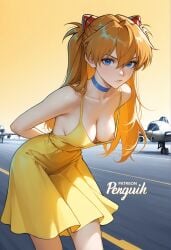 1girls ai_generated asuka_langley_sohryu bending_forward bending_over blue_eyes breasts breasts_out choker cleavage cleavage_cutout down_blouse dress female hard_nipples interface_headset leaning_forward light-skinned_female long_hair looking_at_viewer neon_genesis_evangelion nipples orange_hair patreon_username penguih runway summer_dress twintails yellow_dress