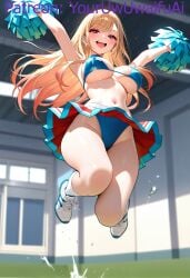 ai_generated big_breasts bikini bikini_top blonde_hair cheerleader cheerleader_outfit cheerleader_uniform having_fun huge_breasts jumping kitagawa_marin large_breasts marin_kitagawa my_dress_up_darling panties panties_visible_under_skirt pierced_ears piercing piercings pink_eyes sfw shoes skirt skirt_lift smile smiling smiling_at_viewer sneakers socks sono_bisque_doll_wa_koi_wo_suru split-color_hair sweat sweatdrop sweating sweaty sweaty_body thick_thighs watermark youruwuwaifuai