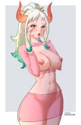 1girls breastless_clothes breasts brown_eyes clothing elpipe3000 exposed_torso female female_only green_hair hair_ornament horns large_breasts looking_at_viewer midriff multicolored_hair navel one_piece pasties pink_skirt ponytail skirt white_hair yamato_(one_piece)