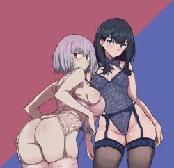 2girls big_breasts black_hair black_thighhighs blue_eyes blush bottomwear bra breasts female female_only garter_belt garter_straps hair hips huge_breasts lace lace-trimmed_thighhighs lace_trim legwear lingerie medium_breasts panties pink_bra pink_panties red_eyes shinjou_akane short_hair ssss.gridman takarada_rikka thick_thighs thighs topwear wide_hips wishbone