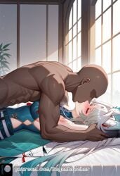 1girls ai_generated dark-skinned_male degenbrecher drunk feixiao_(honkai:_star_rail) honkai:_star_rail kissing large_breasts patreon patreon_username sleep_molestation subscribestar subscribestar_username