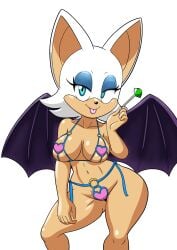 1girls anthro ass bat big_ass big_breasts breasts bubble_butt chiropteran clothed clothing crouching daisy_dukes fat_ass female female_only front_view looking_at_viewer micro_bikini rouge_the_bat sega smile solo sonic_(series) sonic_the_hedgehog_(series) tansau thick_thighs wide_hips wings