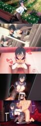 3d ass_focus black_hair blue_eyes breasts_out chain_leash chained chains cum cum_on_hand embarrassed glasses hands heart koikatsu long_image multiple_images ore_wo_suki_nano_wa_omae_dake_ka_yo outdoors pansy_(oresuki) pantyhose peeing picture posing sanshokuin_sumireko sex taking_picture tits_out