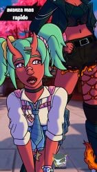 chains collar color demon_girl dialogue dominant_female fortnite malice_(fortnite) nemia_(fortnite) oni_female rickstonem1 submissive twintails