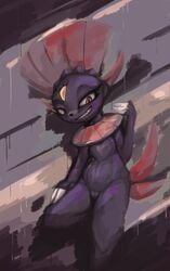 2021 abstract_background absurd_res digital_media_(artwork) female flat_chest fur furry furry_only genitals hi_res looking_at_viewer metalisk nintendo pokémon_(species) pokemon purple_body purple_fur pussy red_eyes smile smirk solo video_games weavile