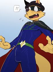 ! anthro bulge canid canine cape clothing fox genital_outline hat headgear headwear hi_res k0bit0wani kaiketsu_zorori male mammal penis_outline solo superhero zorori