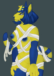 animal_crossing ankha ankha_(animal_crossing) bandage blue_hair blue_nipples breasts clothed clothing deermary domestic_cat egyptian egyptian_headdress exposed_breasts felid feline felis female furry genitals hair headdress hi_res mammal markings mummy_costume mummy_wrappings nintendo nipples partially_clothed solo striped_markings striped_tail stripes tail_markings video_games yellow_body