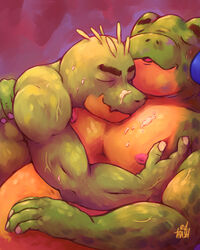 after_sex amphibian anthro bodily_fluids crocodile crocodilian crocodylid cuddling cum cum_on_face duo edtrash embrace frog genital_fluids green_body green_scales hi_res hug male male/male muscular nipples overweight overweight_male reptile scales scalie sweat