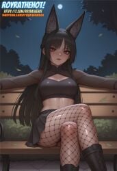 1girls ai_generated black_boots black_fishnet_pantyhose black_hair black_makeup boots clothed female fishnet_pantyhose fox_ears fox_girl goth goth_girl gothic hoshimi_miyabi makeup non_nude park red_eyes red_lips red_lipstick royrathehot watermark white_pupils zenless_zone_zero