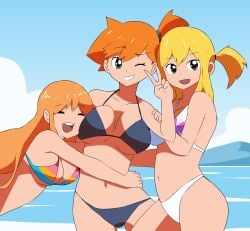 3girls :d asymmetrical_hair beach bikini black_bikini blonde_hair blue_bikini blue_sky blush breasts brown_eyes cleavage cloud cowboy_shot creatures_(company) crossover day fairy_tail female_focus game_freak green_eyes grin hair_tie highres hug huge_breasts kasumi_(pokemon) kasumi_(pokemon) large_breasts lirudraw long_hair looking_at_viewer lucy_heartfilia medium_breasts multicolored_bikini multicolored_clothes multicolored_swimsuit multiple_girls nami_(one_piece) navel nintendo ocean one_eye_closed one_piece one_side_up open_mouth orange_hair outdoors pokemon pokemon_(anime) pokemon_(classic_anime) pokemon_rgby ponytail short_hair side_ponytail sky smile striped_bikini striped_clothes swimsuit teeth thighs trait_connection underboob upper_teeth_only v water white_bikini wink