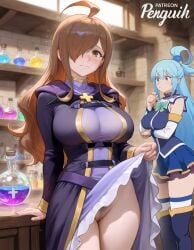 2girls ahoge ai_generated aqua_(konosuba) big_breasts blue_eyes blue_hair brown_eyes brown_hair curvy detached_sleeves dress embarrassed female_only hairy hairy_pussy kono_subarashii_sekai_ni_shukufuku_wo! lifted_by_self lifting_skirt long_hair patreon_username penguih potion_bottle purple_robe pussy robe showing_pussy shy skirt_lift standing thighhighs thinking upskirt wiz_(konosuba)