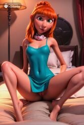 1girls ai_generated despicable_me despicable_me_4 dress feet freckles green_eyes hi_res indoors lips long_hair looking_at_viewer lucy_wilde no_panties on_bed orange_hair pillow pussy r34arts