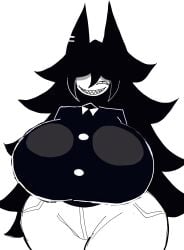 black_shirt cat_ears fundamental_paper_education grin huge_ass huge_breasts looking_at_viewer miss_circle_(fundamental_paper_education) sharp_teeth smiling thick_thighs white_pants