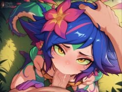 ai_generated bare_shoulders big_tail blue_hair body_markings facial_markings fellatio first_person_view forest green_sclera hair_flower hand_on_head kneeling league_of_legends lizard lizard_girl lizard_humanoid lizard_tail looking_at_viewer looking_pleasured markings multicolored_body multicolored_hair neeko on_grass oral outdoor_sex outdoors outside outside_sex penis pink_hair pov pov_eye_contact protokebab saliva short_hair slit_pupils small_breasts stirrup_legwear submissive_female sweat tail veiny_penis yellow_eyes