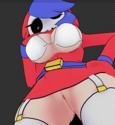 blue_hair boobs_out heart_eyes lifted_by_self looking_down masked mid shy_gal tagme thick_thighs tits vagina