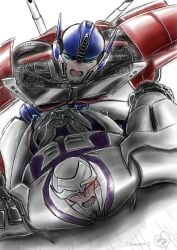 2boys energon from_behind male male_only megatron optimus_prime robot transformers transformers_prime white_background yaoi