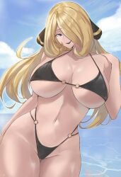 1girls big_breasts bikini bikini_bottom bikini_top black_bikini black_eyes blonde_hair bottomwear breasts calmgreentori cleavage cynthia_(pokemon) female female_only game_freak hair hair_over_one_eye hips huge_breasts long_hair mature mature_female mature_woman pokemon pokemon_dppt solo solo_female swimwear thighs topwear wide_hips