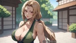 ai_generated artisti:1lifepoint bare_shoulders blonde_hair brown_eyes busty cleavage halterneck highres huge_breasts looking_at_viewer mature_female milf naruto naruto_(series) patreon tsunade wallpaper