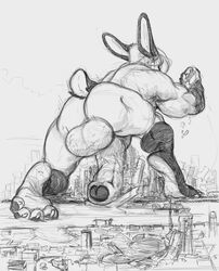 anthro ass balls biceps big_balls city destruction foreskin genitals hi_res lagomorph leporid macro male mammal monochrome muscular muscular_anthro muscular_male nude penis perenthis rabbit rear_view solo vein veiny_penis