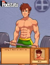 alex alex_(stardew_valley) brown_hair bulge bulge_frottage bulge_under_clothes confident dumbbell gameplay_mechanics green_eyes grin gym gym_shorts lifting looking_at_viewer male male_only muscular muscular_male podstatu public_exposure public_indecency shameless shorts shorts_only smiling smiling_at_viewer spa stardew_valley teasing teasing_viewer working_out workout