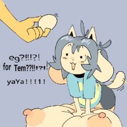 anthro big_breasts breast_squish breasts disembodied_hand duo egg excited female huge_breasts hyper hyper_breasts nucr4r open_mouth squish tail tail_motion tailwag temmie_(undertale) undertale undertale_(series)