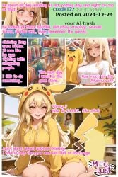 ai_generated blonde_hair comic comic_page cosplay cosplay_pikachu cosplay_pikachu_(costume) miaulust pikachu pikachu_(cosplay) pikachu_ears pokeball pokegirl pokegirl_as_pokemon pokemon pokemon_(species) rule34 yellow_hair