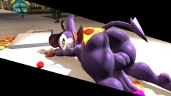 16:9 angry anthro ass balls bandai_namco big_ass big_balls big_butt big_penis black_body blue_body canid canine clothing digimon digimon_(species) digital_media_(artwork) erection floating fluffygayuniverse food fur genitals green_eyes group hi_res humanoid_genitalia humanoid_penis impmon looking_at_viewer male male_focus mammal nude outside penis pizza public public_nudity purple_body purple_penis solo_focus tripping video_games widescreen