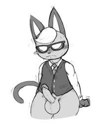 2021 animal_crossing anthro balls big_balls blush bodily_fluids bottomless clothed clothing erection eyewear felid feline genitals glasses hair humanoid_genitalia humanoid_penis locitony male mammal monochrome necktie nintendo partially_clothed penis raymond_(animal_crossing) shirt simple_background solo standing sweat thick_thighs topwear vest video_games wavy_mouth