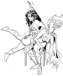 andy_price dc_comics diana_prince kara_danvers kara_zor-el monochrome spanked spanking supergirl superheroine superman_(series) wonder_woman wonder_woman_(series)