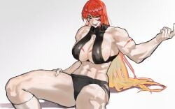 1girls absurd_res breasts cleavage fuma_kotaro_(tenkaichi) hi_res large_breasts muscular muscular_female ongjolpark orange_hair park_ongjol sideboob simple_background sitting solo tenkaichi_nihon_saikyou_bugeisha_ketteisen thick_thighs tongue_out two_tone_hair white_background yellow_hair