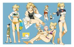 1boy 3girls alternate_hairstyle animal bare_arms bare_legs bare_shoulders bikini black_bikini blonde_hair blue_background boruto:_naruto_next_generations breasts cleavage clenched_teeth closed_eyes closed_mouth collarbone couple crop_top crossed_legs flower friends from_above from_side green_eyes green_jacket hair_flower hair_ornament hair_up hand_in_pocket hand_on_own_hip hand_on_own_knee hand_up hands_on_own_hips happy highres holding ino_yamanaka jacket jewelry korean_commentary large_breasts leaning_back looking_at_viewer looking_to_the_side multiple_girls nara_shikamaru naruto naruto_(series) navel necklace off_shoulder one_eye_closed open_clothes open_jacket parted_bangs pink_hair purple_bikini quad_tails red_flower ripples sakura_haruno sandals short_hair short_sleeves short_twintails side_slit sideboob sitting smile spiked_hair standing stomach stretching sunglasses swimsuit teeth temari thighs twintails unico_cats2 v water waving whistle whistle_around_neck white_bikini white_jacket wide_sleeves