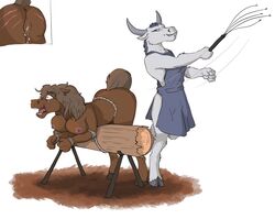 anthro ass bent_over bodily_fluids bound bovid breasts clothing crying duo equid equine female female/female hi_res horn mammal nipples pain punishment rope simple_background tears whip whip_marks whipping white_background zafara_(artist)