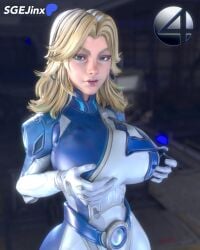 1girls 3d battlesuit belt blender blender_cycles blonde_female blonde_hair blurred_background bodysuit breast_focus bunker clothed clothed_female depth_of_field earrings fantastic_four female flirting_look gloves hand_on_breast huge_breasts invisible_woman invisible_woman_(marvel_rivals) light-skinned_female light_skin lighting lips looking_at_viewer marvel marvel_rivals sgejinx_(artist) sue_richards sue_storm