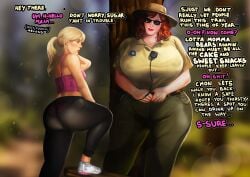 2girls female jaguarart jogging_outfit jogging_pants lesbian_sex outdoor_sex outdoors park_ranger yuri