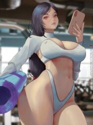 1girls black_hair breasts final_fantasy final_fantasy_vii holding_phone ignite_(artist) ignitesart large_breasts long_hair looking_at_viewer midriff navel phone red_eyes sports_bra sportswear tifa_lockhart white_sports_bra yoga_mat