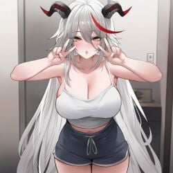 1girls aegir_(azur_lane) ai_generated azur_lane blush double_peace_sign horns large_breasts looking_at_viewer open_mouth room roxor tank_top wide_hips yellow_eyes