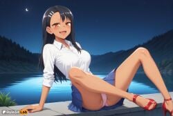 1girls :d ai_generated arm_support artist_name asymmetrical_bangs bare_legs black_hair blue_skirt blush breasts brown_eyes cameltoe collared_shirt crescent_moon dark-skinned_female dark_skin earclip fangs feet hair_ornament hairclip hayase_nagatoro hi_res high_heels legs long_hair looking_at_viewer medium_breasts moon nagatoro_hayase nail_polish night night_sky oerba_yun_fang open_mouth outdoors panties pantyshot patreon_logo patreon_username pink_panties please_don't_bully_me,_nagatoro pleated_skirt red_footwear red_nails river rule34lab sandals school_uniform shirt sitting skirt sky sleeves_rolled_up smile solo star_\(sky\) tan thighs toenail_polish toenails toes twitter_logo underwear water white_shirt