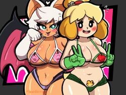 animal_crossing big_breasts blush blushing chubby chubby_female dog_ears double_peace_sign embarrassed gijinka humanized isabelle_(animal_crossing) lewdscrap lingerie rouge_the_bat sonic_(series) sonic_the_hedgehog_(series)