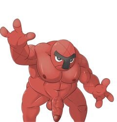 3_fingers balls biped black_eyes black_nose eyebrows fingers flaccid foreskin front_view genitals hi_res humanoid humanoid_genitalia humanoid_penis male male_only musclegut nintendo nipples not_furry nude ofstrial overweight overweight_male pecs penis pokémon_(species) pokemon red_body red_skin retracted_foreskin solo throh unibrow vein veiny_penis video_games