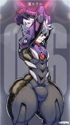 1boy big_ass bodysuit bulge bulge_through_clothing femboy flaccid grey_hair huge_thighs kaworu_nagisa looking_at_viewer neon_genesis_evangelion plugsuit rebuild_of_evangelion red_eyes remiman small_waist smirk thick_thighs wide_hips