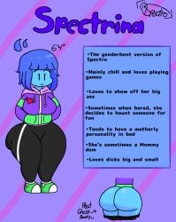 1girls artist_name artist_signature ass ass ass_bigger_than_head ass_visible_through_thighs big_ass blue_hair bottom_heavy bottom_heavy_female curvaceous curvy female female female_focus female_only genderbent genderswap_(mtf) ghost ghost_girl heart huge_ass jacket mob_face oc oc_sheet original original_character reference_image reference_sheet rule_63 self_upload simple_background smile spectrina_(spectrodraws) spectrodraws thick_thighs wide_hips