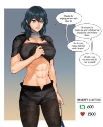 abs athletic_female black_shirt black_thighhighs blue_eyes byleth_(fire_emblem) byleth_(fire_emblem)_(female) commentary covered_erect_nipples female female_abs fire_emblem fire_emblem:_three_houses fit_female highres large_breasts lifting_own_clothes nintendo radiostarkiller shirt short_shorts shorts smile solo teal_hair thighhighs twitter_strip_game