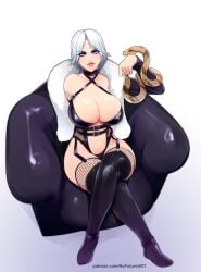 1girls big_breasts blue_eyes christie_(doa) cleavage couch crossed_legs dead_or_alive earrings female female_only fishnet_stockings fishnets hi_res legwear looking_at_viewer nofuture red_lipstick sitting sitting_on_couch smiling smiling_at_viewer snake solo white_hair