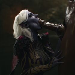 1boy 1girls 3d 3d_(artwork) baldur's_gate_3 big_penis blowjob dark-skinned_male dark_skin drow fantasy fellatio foreskin hand_on_penis human interspecies just_the_tip leeterr oral oral_penetration oral_sex partial_male penis uncut veiny_penis viconia_devir white_hair