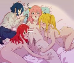 4girls absurdres ahoge all_fours ass bar_censor bed_sheet black_pubic_hair blonde_hair blue_eyes blue_hair blue_skirt blush bocchi_the_rock! breasts breasts_apart breath cellphone censored closed_mouth collarbone commentary_request completely_nude cube_hair_ornament dress_shirt drooling erection fellatio female_pubic_hair fff_threesome frown futa_with_female futanari girl_sandwich gotou_hitori green_eyes group_sex hair_between_eyes hair_ornament hairpin half-closed_eyes hand_on_another's_thigh head_on_pillow heart highres holding holding_phone ijichi_nijika intersex kessoku_band kita_ikuyo large_breasts large_penis legs_folded licking licking_nipple licking_penis light_smile long_hair long_sleeves looking_at_penis looking_at_phone lying medium_breasts multiple_girls multiple_hairpins navel nipple_stimulation nipples no_shoes nose_blush nude on_bed on_side one_side_up open_mouth oral penis phone pillow pink_hair poko_pantsu ponytail_with_braided_base precum pubic_hair red_eyes red_hair saliva sandwiched school_uniform shimokitazawa_high_school_uniform shiny_skin shirt shirt_tucked_in short_hair side_ahoge sidelocks skirt small_breasts smartphone sound_effects spread_legs sweatdrop teeth testicles third_wheel threesome tongue tongue_out upper_teeth_only white_shirt yamada_ryou yellow_eyes