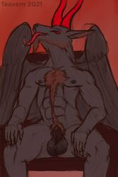 2021 abs animal_genitalia anthro balls body_hair bovid caprine caprine_demon darkened_balls darkened_genitalia demon digital_media_(artwork) feathered_wings feathers fully_sheathed fur genitals goat_demon grey_body grey_fur happy_trail hi_res horn looking_down_at_viewer male mammal muscular muscular_male pur3 red_eyes red_horn red_tongue sheath simple_background sitting solo teavern tongue tongue_out wings